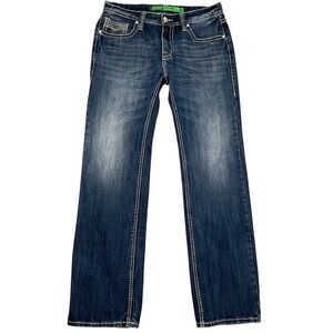 Rock & Roll Jeans Mens 31W 34L Blue Cowboy Pistol Straight Creased Stitched